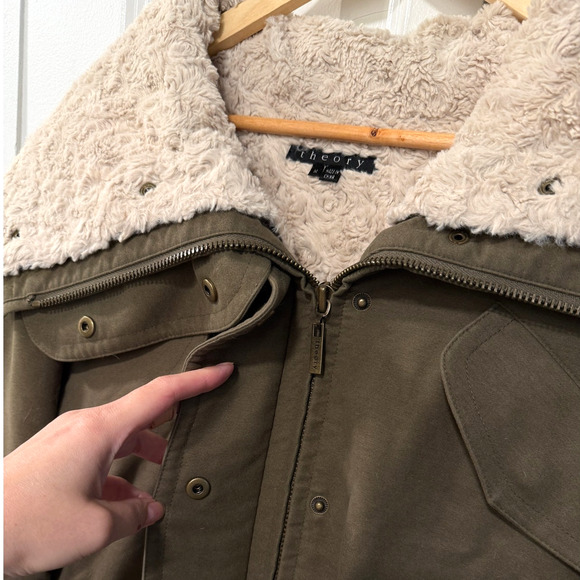 Theory M Oversized Bomber Jacket $750 Removable Fur Lining Cotton Army Green - Picture 4 of 10